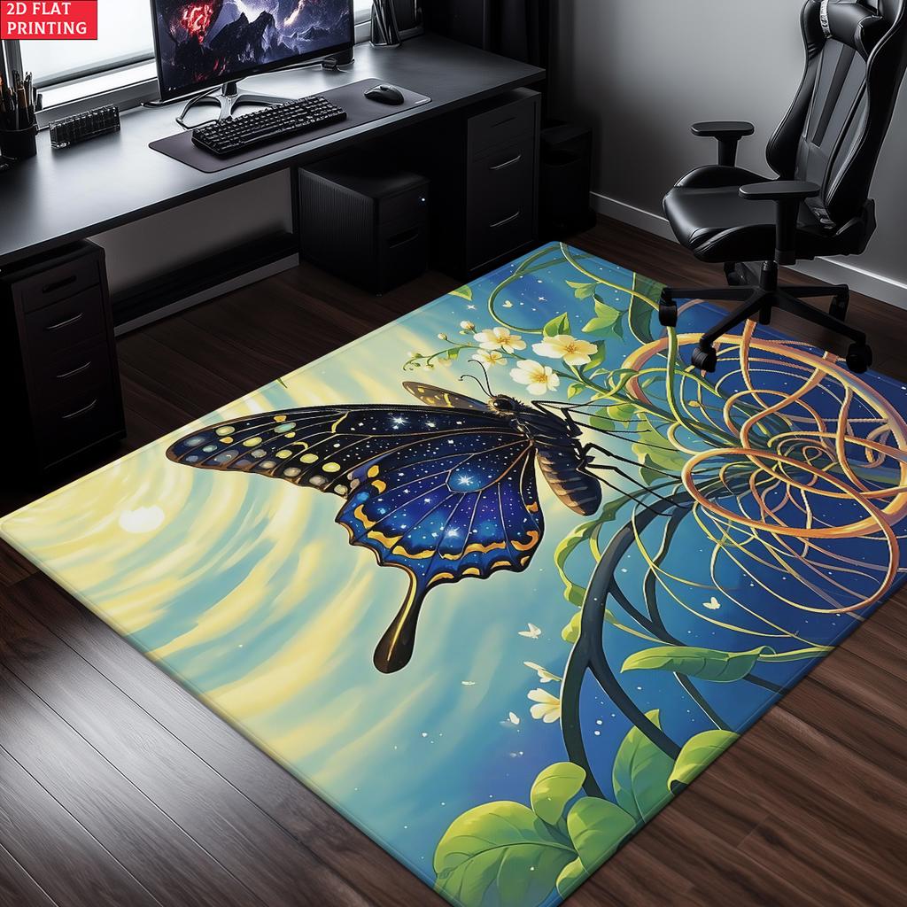 Galaxy Starry Sky Butterfly Area Rug, Non-Slip Floral Print Carpet for Living Room Bedroom, Aesthetic Boho Floor Mat Home Decor