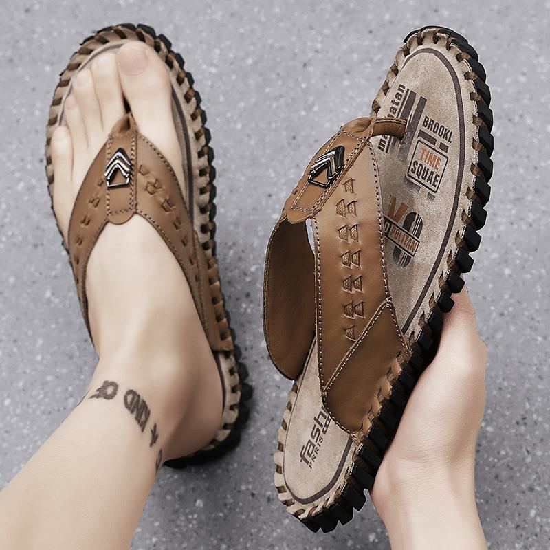 Herrtofflor Platta Tofflor Extra Breda Slip-on Sandaler Utomhus Strand Casual Mjuka Gåskor Lädertofflor Plusstorlek