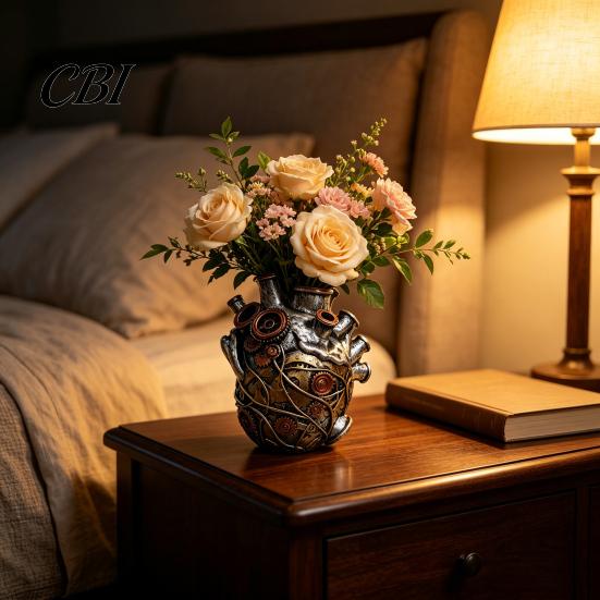 Study Room Decorative Ornament Heart Shape Vase Decor, Resin Flower Pot, Retro Multi Hole Sculpture Planters, Funny Table Centerpiece for Living Desk
