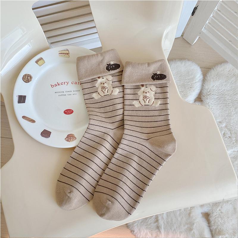 

Женские закатанные мультяшные носки до середины икры, Длинные носки до икры из чистого хлопка с влагоотводящим эффектом, Милые и симпатичные носки, Бесшовные махровые носки 1 pair кофейный