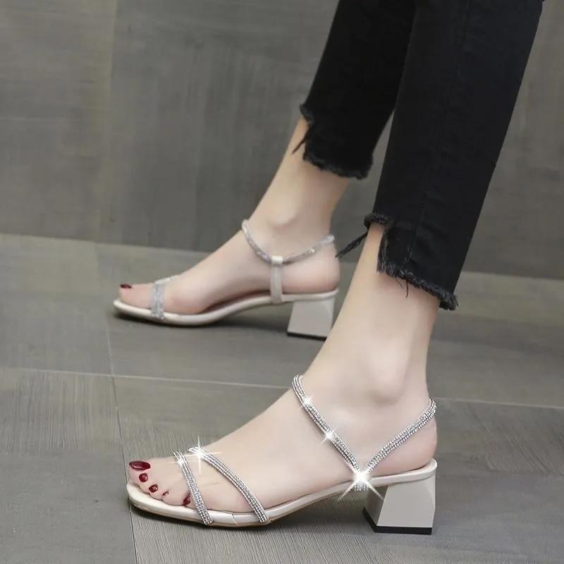

women fashion peep toe sexy party night club square heel sandal shoes lady cool comfort black beach sandals ab597 35