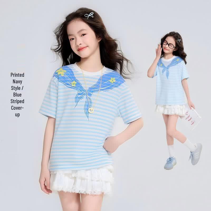 

Girls Sweet Navy Stripe Print Short Sleeve T-Shirt 130