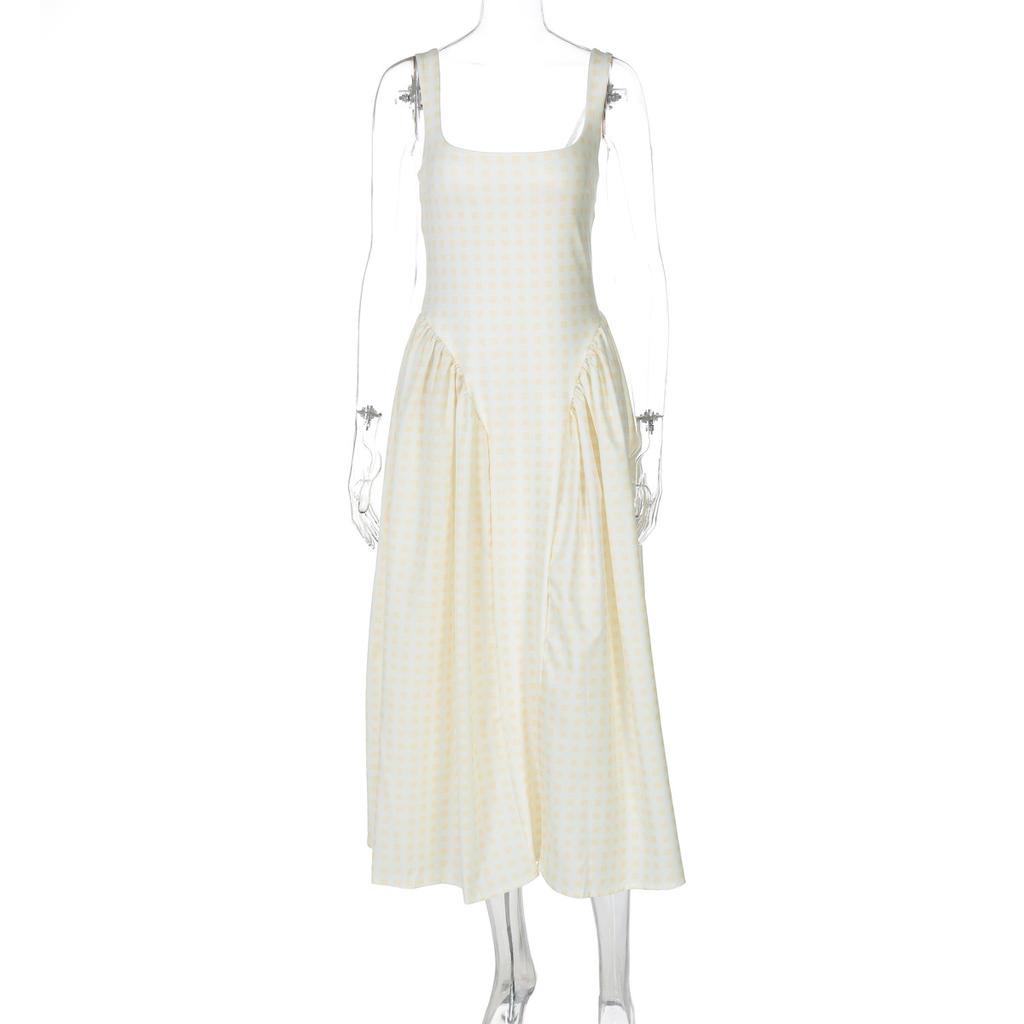 Women French Plaid Print Open Back Cami Maxi Dress Slim Fit Princess Party Dress