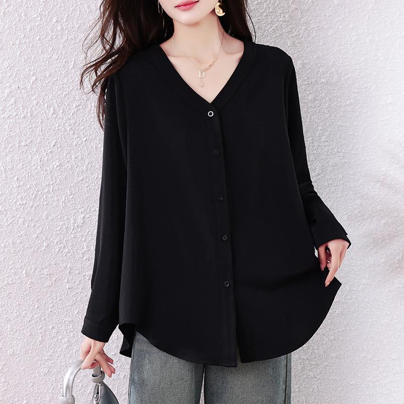 

Women’s V-Neck Long Sleeve Solid Color Cardigan – 2026 Spring/Autumn Loose Casual Top Design 4XL чёрный