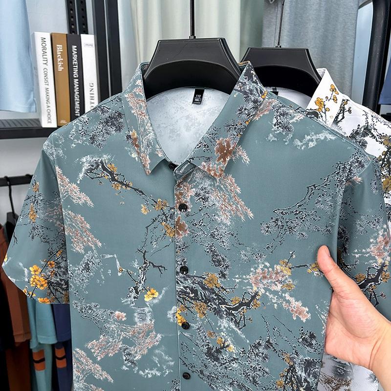 Chinese Style Ink Plum Blossom Short Sleeved Shirt For Men Retro Breathable Shirt