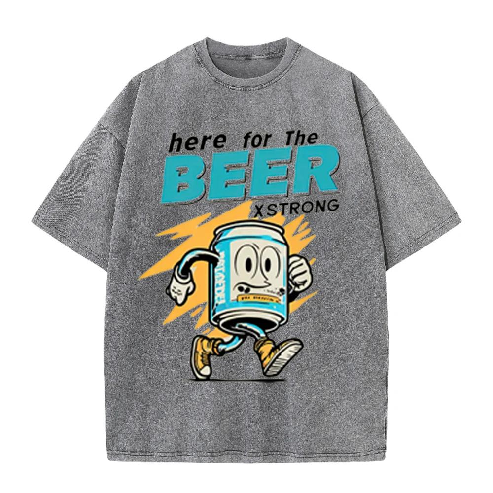 2026 Here For The Beer Retro Cartoon Can Print Unisex T Shirt Vintage Washed Short Sleeve Casual Streetwear Party Tee
