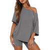 Casual Loose Fit Two Piece Set Women Short Sleeve Off Shoulder Top with Relaxed Shorts Lounge Wear Outfit
