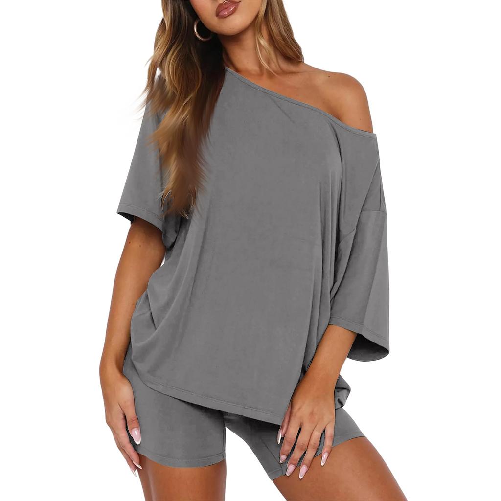 Casual Loose Fit Two Piece Set Women Short Sleeve Off Shoulder Top with Relaxed Shorts Lounge Wear Outfit
