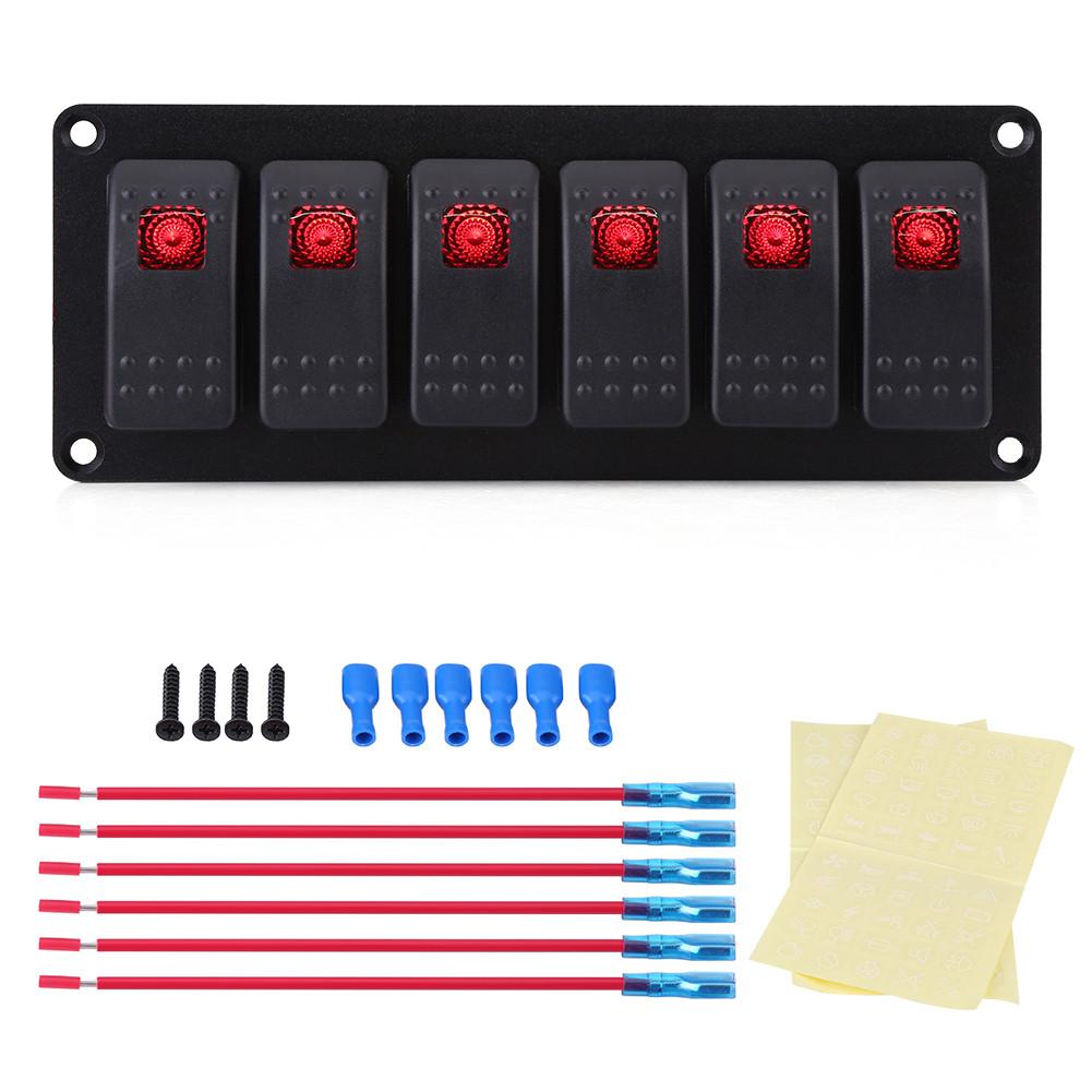 

12-24V 6 Gang Red LED Rocker Switch Panel for Car RV Boat Yacht Marine