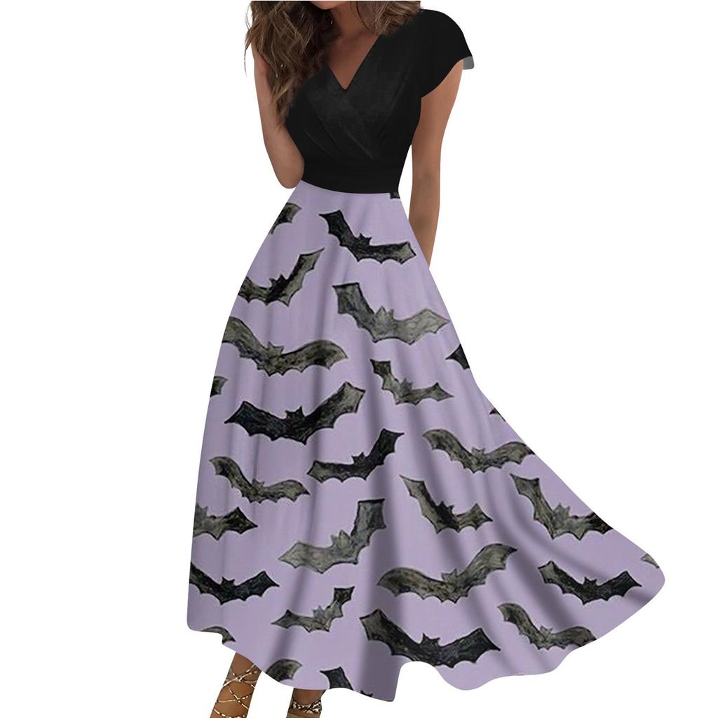 Women's Long Dress Maxi Dress Casual Dress Casual Short-Sleeve V Neck Boho Waist Halloween Printed Dress
