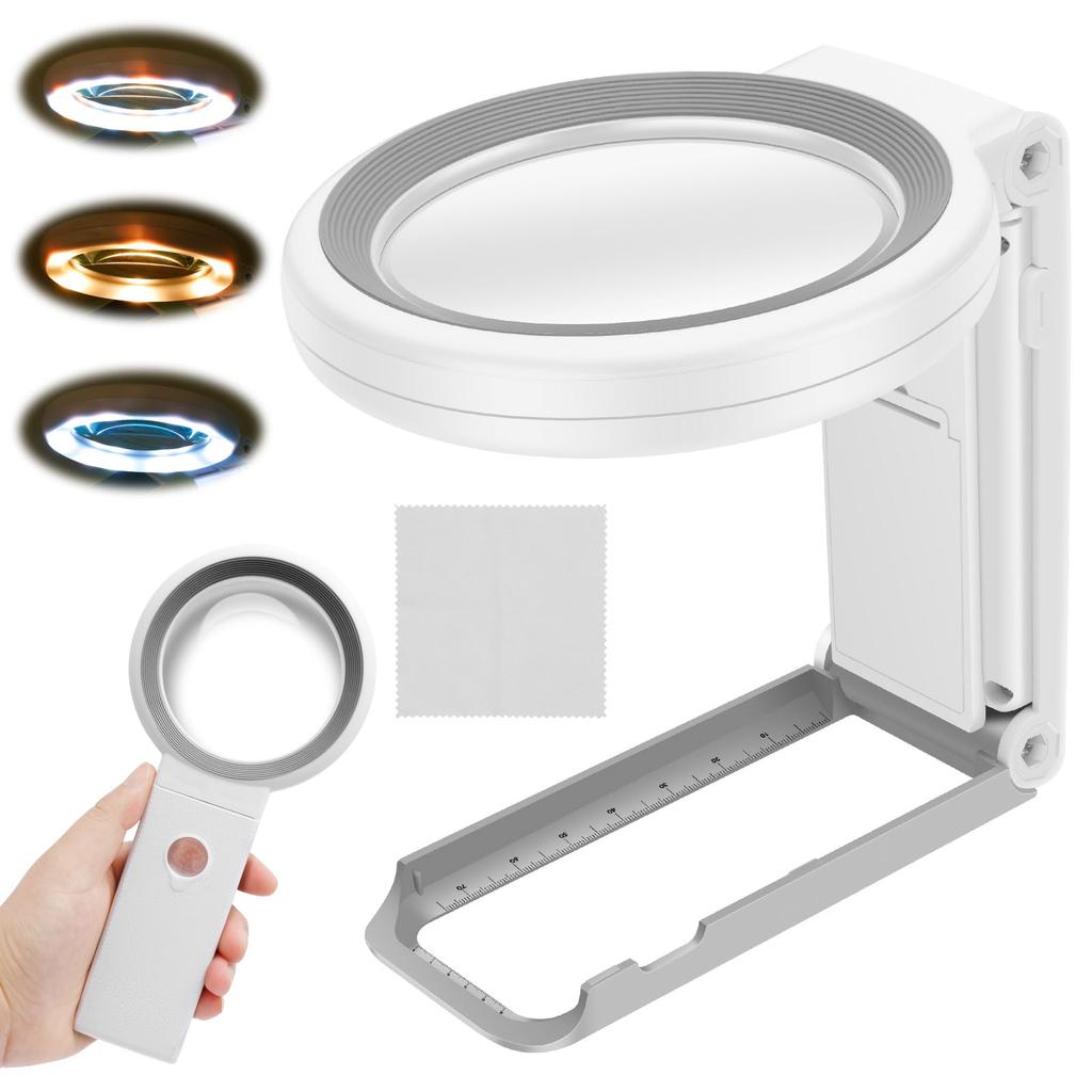 10X 25X/30X Foldable Hand/Standing Magnifier Dimmable 3 Color LED Portable Magnifying Glass for Reading Repairing Sewing Drawing