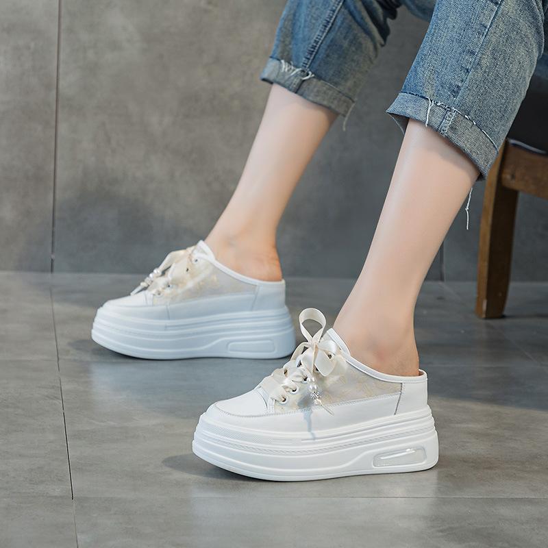 Leather Bag Head Half Slippers Women's Outer Wear 2025 Spring and Summer New Mesh Breathable Thick Sole Inner Height Increase Women's Shoes 9CM Tide