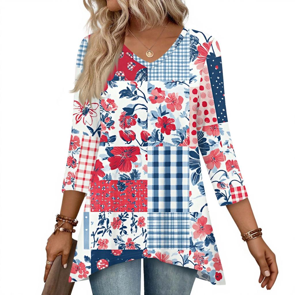 Dámské topy s výstřihem do V a 3/4 rukávem, ležérní košile střední délky, módní tuniky s potiskem