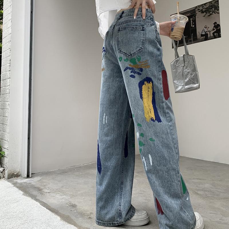 Fashion Colorful Doodle Ripped Jeans Women High Waisted Slim Straight Leg Wide Leg Pants Women Vintage Blue Casual Denim Trousers Lady 24247
