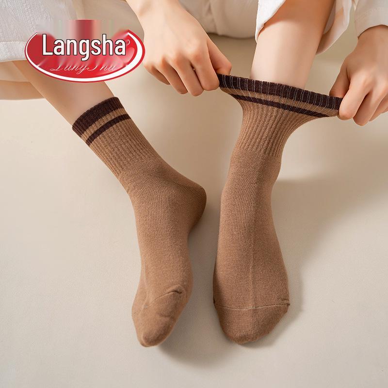 Langsha Women's Thick Striped Mid-Calf Socks for Autumn and Winter - Available in Black, White, Grey, Brown, and Beige.