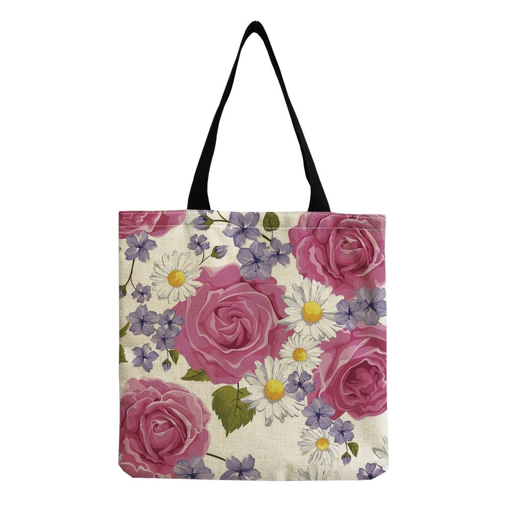 Women Vintage Linen Tote Bag - Large Capacity Flower Print Shoulder Handbag for Casual & Grocery Shopping KTB