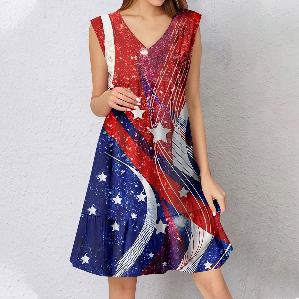 Womens Summer Dress Sleeveless V Neck  Independence Day Flag Print Short Dresses Fashion Casual Flowy Boho Ruffle A Line Swing Sundress