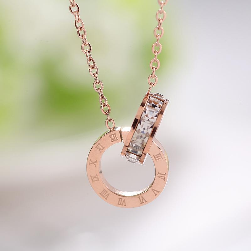 Women's Titanium Steel Double Ring Necklace: Non-Fading, Geometric, Rhinestone Clavicle Chain