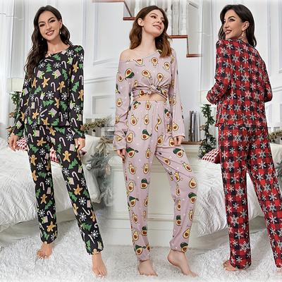 Kadınların Süt İpeği Baskılı Kumaş Uzun Kollu Uzun Pantolon Takımı Sonbahar ve Kış Modelleri Noel Pijama Ev Giyim Seti
