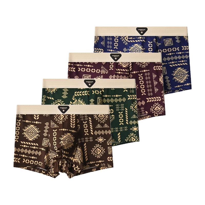 4 Pieces Men's Underwear Comfortable Boxer Briefs Teenager Underpants Breathable Printing Ice Silk Boxers