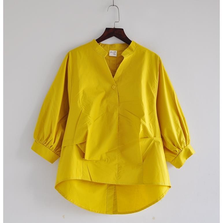 Chemise coréenne en coton à manches lanternes pour femmes, ample, grande taille, dos fendu, irrégulier, couleur unie, col en v, haut