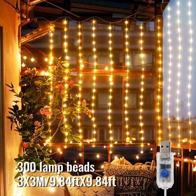 

3Мх3М Светодиодная гирлянда-занавес Рождественские сказочные огни Праздничная вечеринка Свадебное украшение Свет USB 8 режимов Каскадное освещение теплый белый