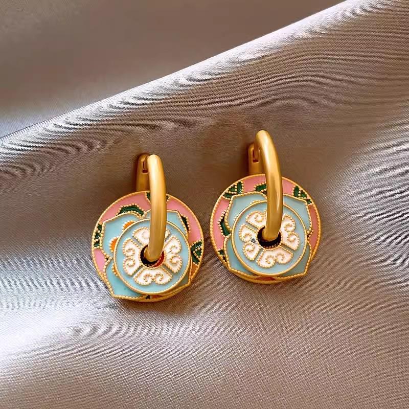 Manșete de urechi cu flori din email retro chinezesc: Cercei de lux cu zircon