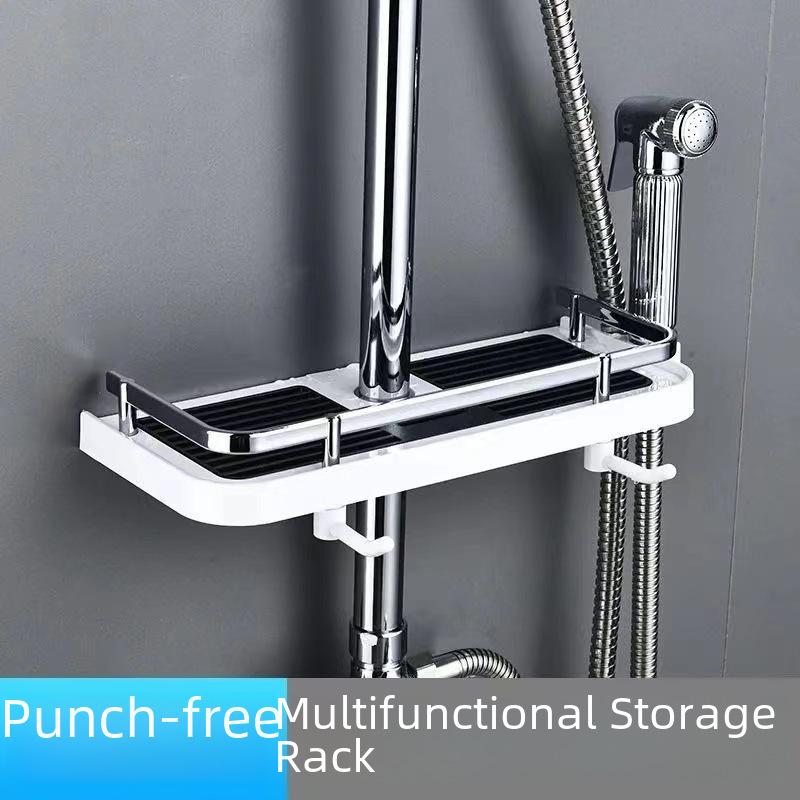 Punch-Free Liftable Shower Rod Tray with Hook - Multi-Function Bathroom Storage Rack