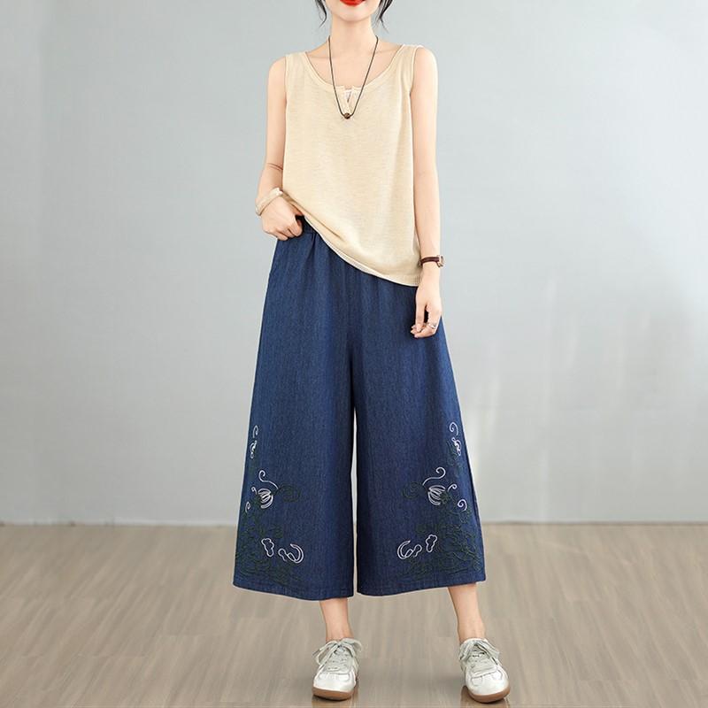 Plus Size Thin Vintage Embroidery Floral High Waist Casual Loose Women Summer Jeans Denim Wide Leg Pants