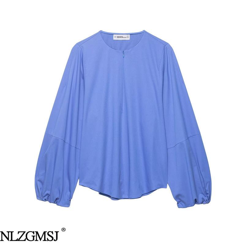 2026 Spring European & American Style Versatile Balloon Sleeve Poplin Shirt M синий