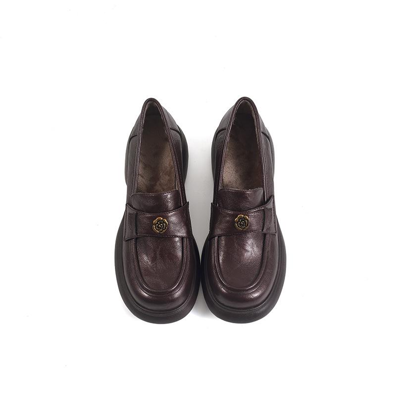 No Foot Grinding~ Thick-soled Deep-mouth Small Leather Shoes for Women, Spring 2025 Cowhide Camellia Loafers, Velvet Single Shoes for Women