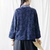Damen Vintage Jacquard Hemden V-Ausschnitt Langarm Marineblau Herbst Blusen Chinesischer Stil Damen Button Shirts