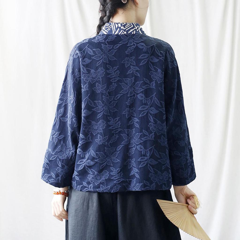 Damen Vintage Jacquard Hemden V-Ausschnitt Langarm Marineblau Herbst Blusen Chinesischer Stil Damen Button Shirts