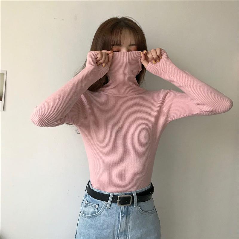 Turtleneck Pullovers Sweaters Women Autumn Winter Primer Shirt Long Sleeve Short Slim-fit Tight Jumper Tops Solid