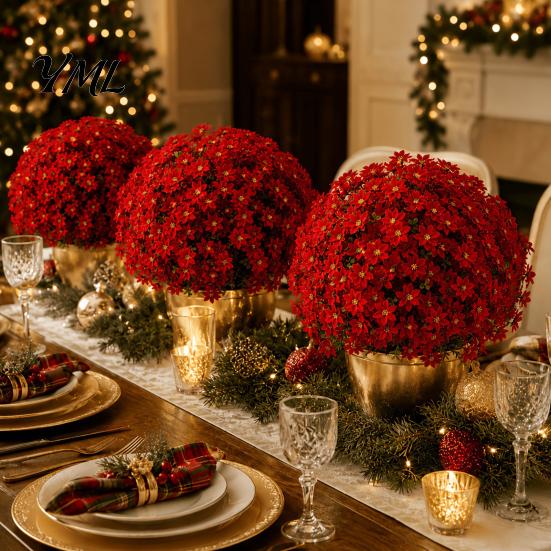 Decorative Faux Flowers for Dining Table Christmas Artificial Poinsettia Flower Topiary Tree, Fade Resistant Bush with Spike, Realistic Vivid
