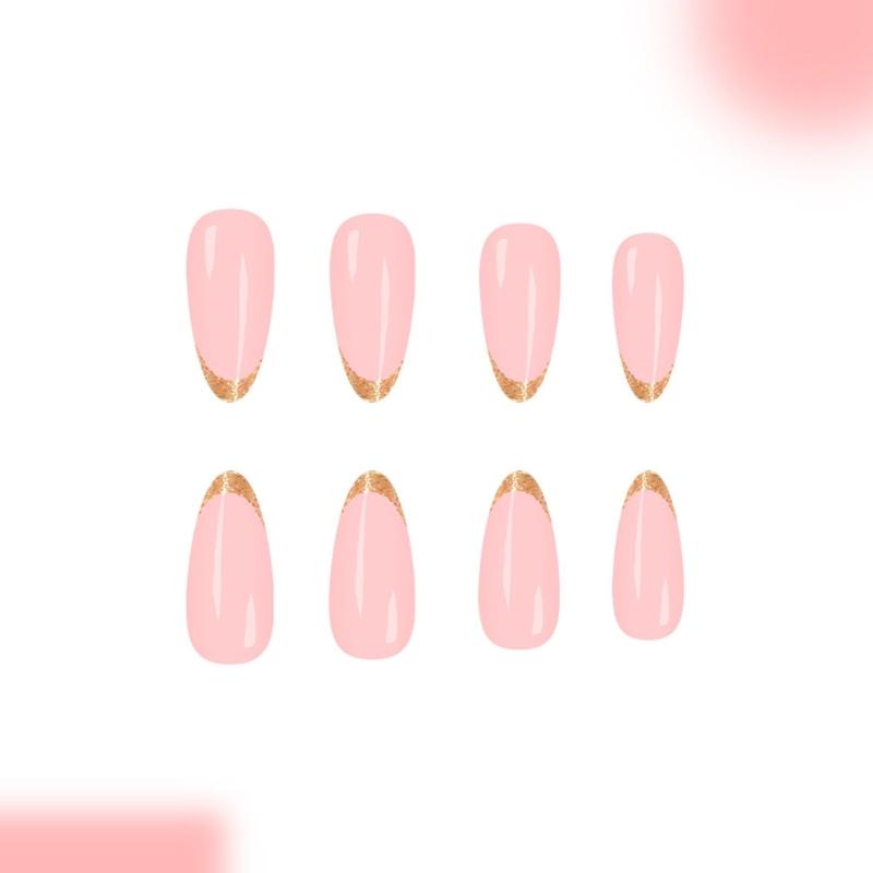 24Pcs Glitters French False Nail Almond Shape With Blush Pink Design Press On Nail For Daily Use Holiday Party