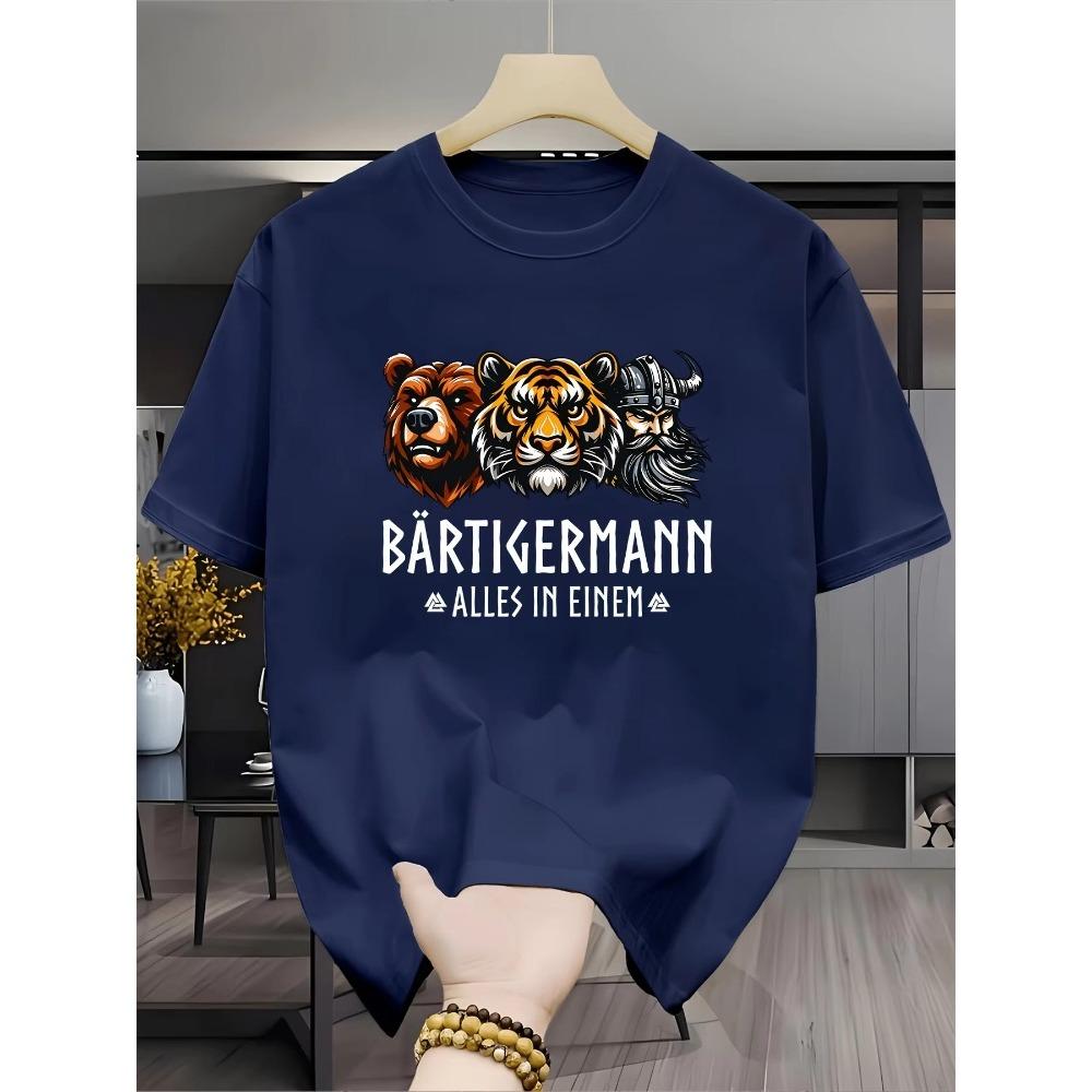Men Fashion Round Neck T-Shirt Fun Print Bear Tiger And Viking Creative Pattern Individual Power Style