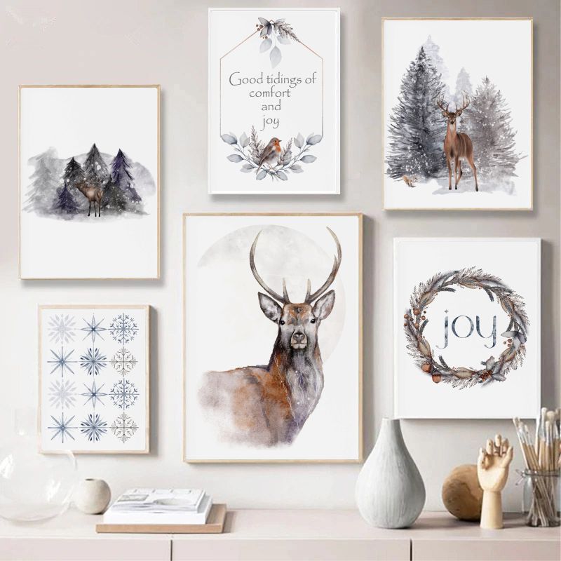

Рождественский олень, снежинка, лес, настенная живопись, скандинавские рождественские постеры и принты, рождественское настенное искусство