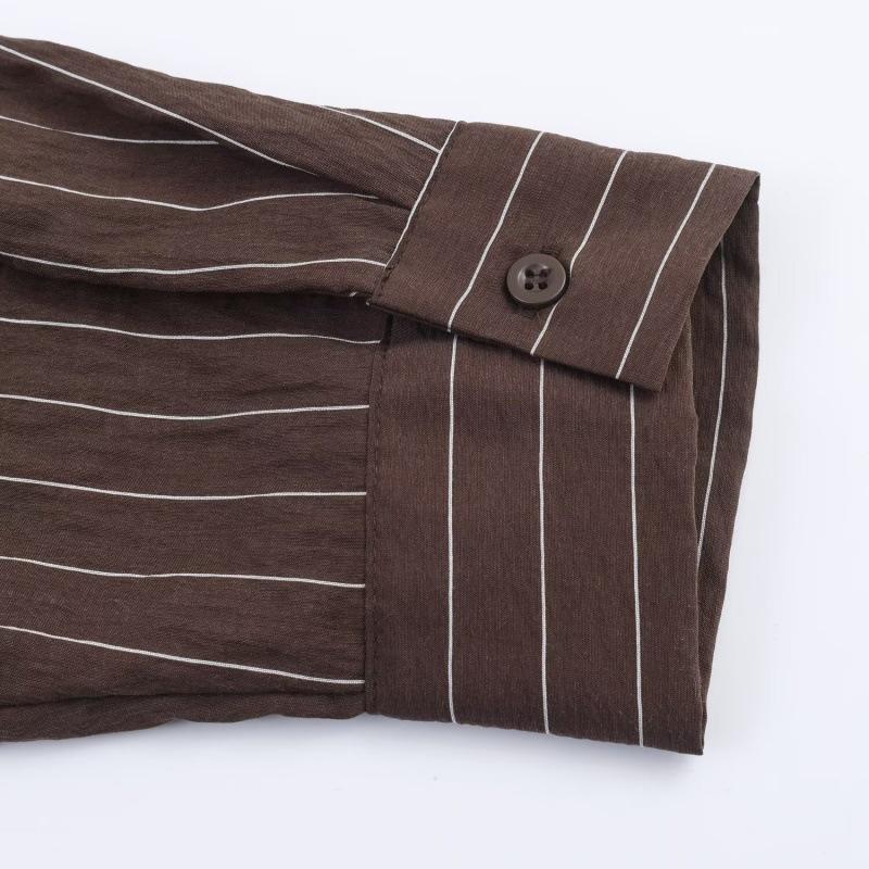 ZR Women's Striped Lapel Long Sleeve Shirt with Buckle Trim - European & American Style, Fashionable & Simple (7484051)