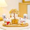 Resin Wood Cat Sculpture Feng Shui Lucky Cat Money Tree Ornament for TV Cabinet Birthday Gift