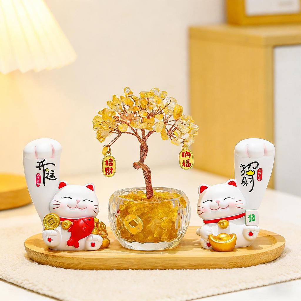 Resin Wood Cat Sculpture Feng Shui Lucky Cat Money Tree Ornament for TV Cabinet Birthday Gift