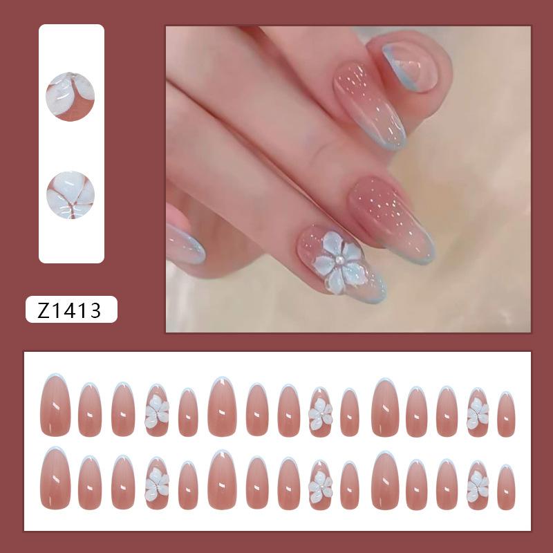 Creamy Blue Ice Flower 3D Embossed Press On Nails Medium Almond Sweet French Ins For Ladies 30pcs Box & Strip
