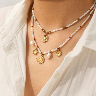 Euro-American Style Pearl Chain Stainless Steel Sunflower Pendant Necklace for Women, High-end Accessory and Outfit Jewelry