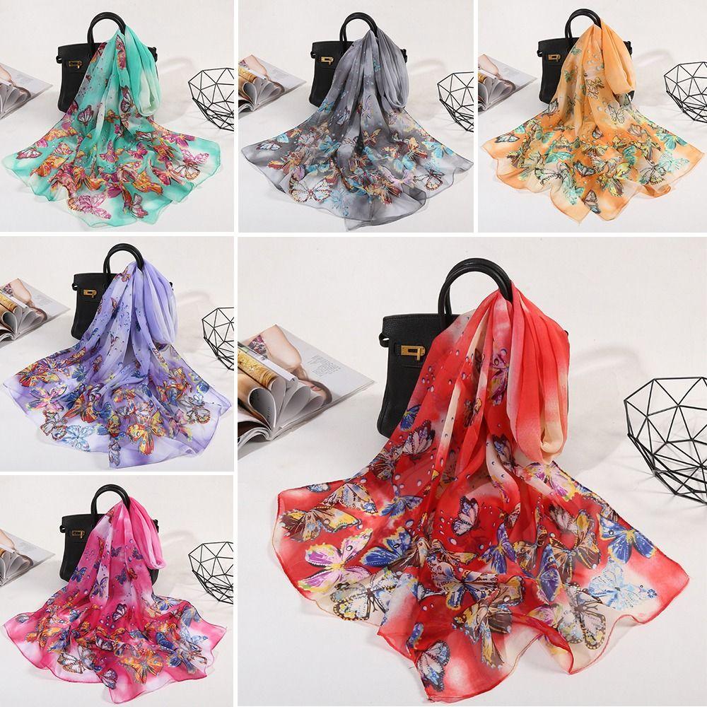 Sunscreen Long Wrap Shawl Butterfly Print Beach Gauze Scarf Elegant Shawl Silk  for Women