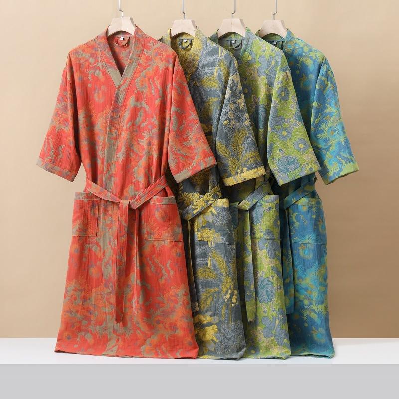 Cotton Fashionable Printed Half Sleeve Kimono Bathrobe for Spring and Summer Thin Home Wear Absorbent Quick Drying Sleeping Robe