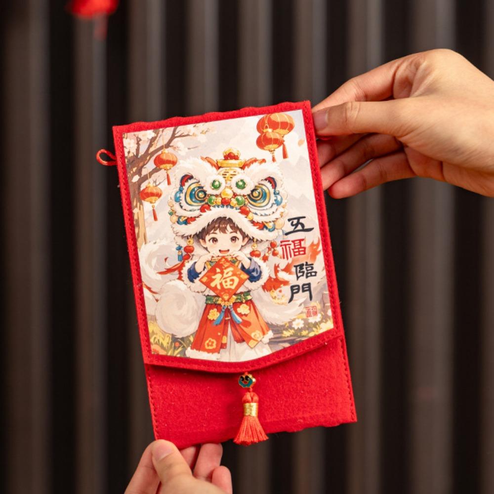 Traditional Spring Festival Cloth Red Envelopes Rectangular Chinese Style New Year's Blessing Bag Reusable with Hanging Rope