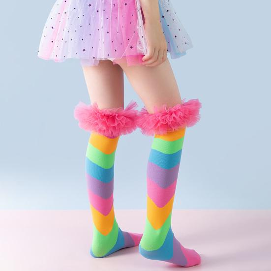 Calcetines hasta la rodilla de arcoíris para niños, calcetines altos hasta la rodilla coloridos, calcetines divertidos para bota para niñas con volante de tul para fiestas de disfraces, eventos festivos