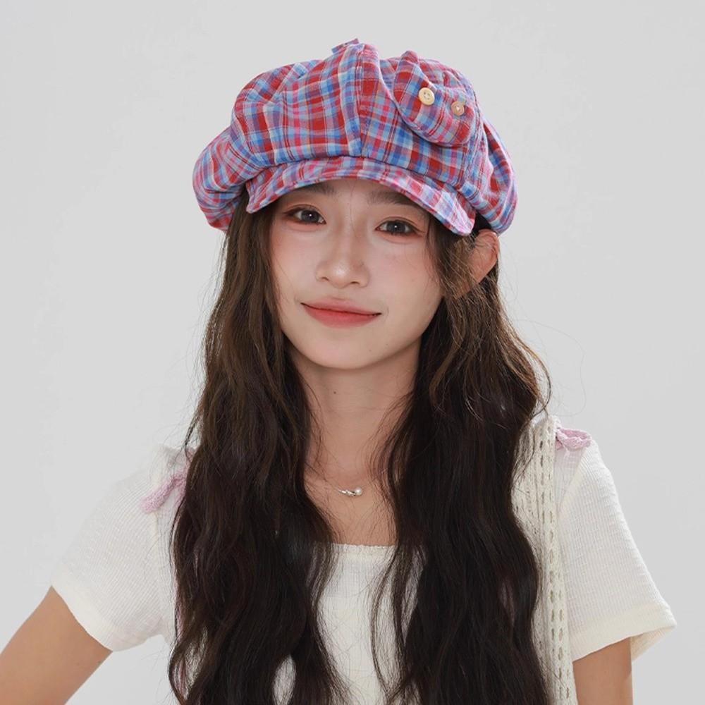 Korean Style Plaid Cloud Berets Sun Protection Octagonal Caps Retro Newsboy Cap  Female