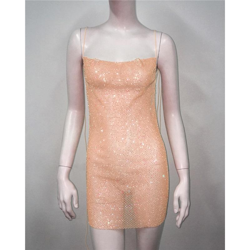 Sexy Sleeveless Dress with Backless Design Fishnet Rhinestone Lace Up Bodycon for Trendy Women