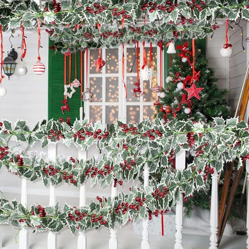 2pcs 2m Xmas Berry Holly Leaves Garland Christmas Faux Garland Winter Snowy Red Berries Hanging Vine For Christmas Wedding Party Decoration